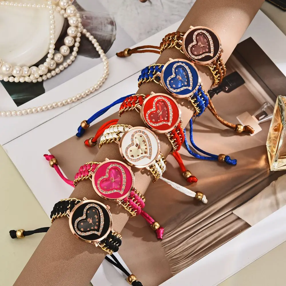 Новые женские часы с циферблатом в форме сердца, модные вязаные веревочные цепочки, браслет, аналоговые кварцевые наручные часы Reloj Mujer