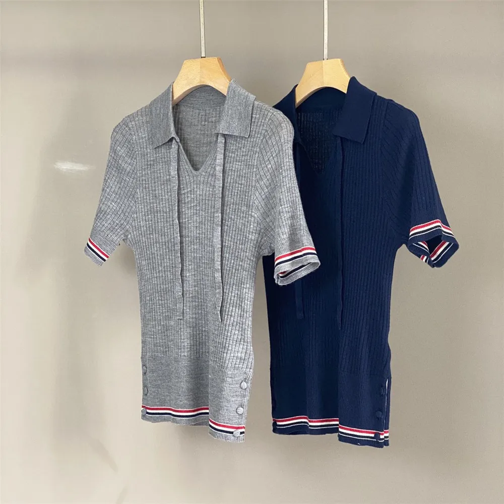 

25 Spring/Summer New Women's Wool Fashion Versatile Collar Knitted Short Sleeve Top