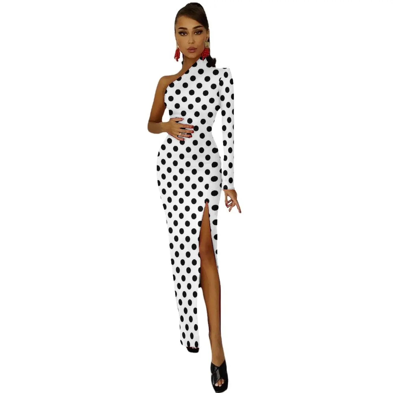 Polka Dots Maxi Dress One Shoulder Classic Black and White Streetwear Bodycon Dresses Spring Night Club Dress Women Vestidos