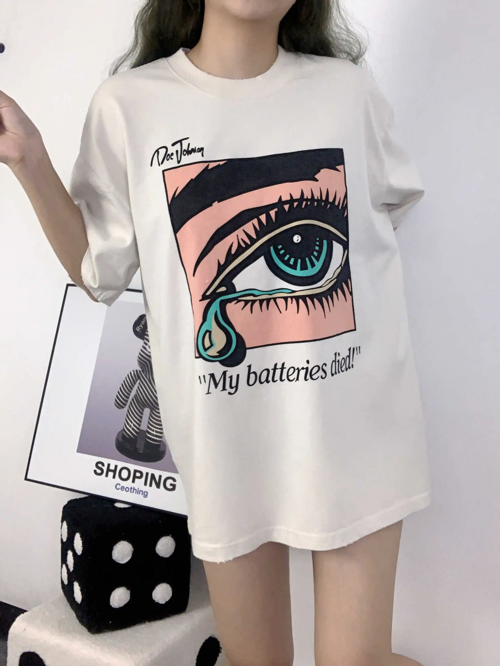 

Retro American Sle ort Sve T-irt for Men with Hearroken Girl Tear Print Gold Stamp Loose Fit Youth Faion Summer ...