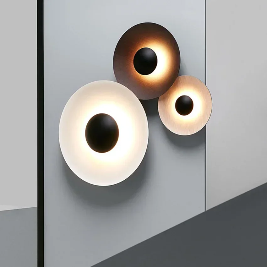 Nordic wood grain round led wall lamp modern creative living room bedside bedroom  light staircase aisle corridor sconces