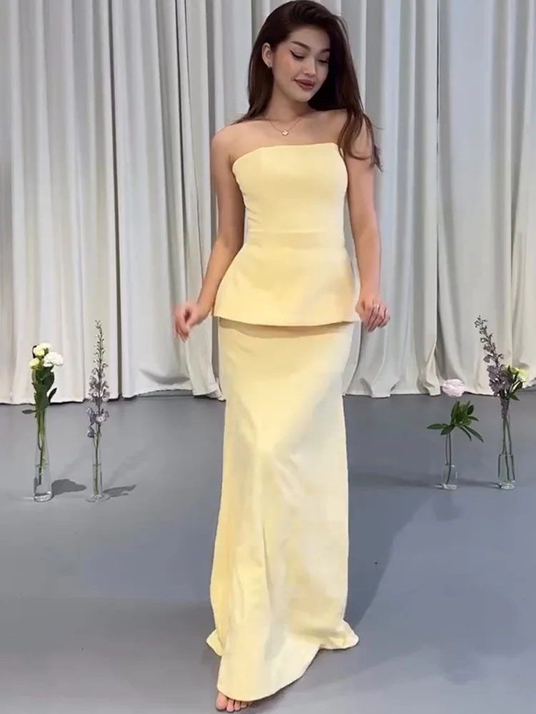 Conjunto de faldas superiores sin tirantes elegantes para mujer, Tops ajustados sin espalda, falda Maxi de cintura alta, trajes sólidos para señora nueva 2025