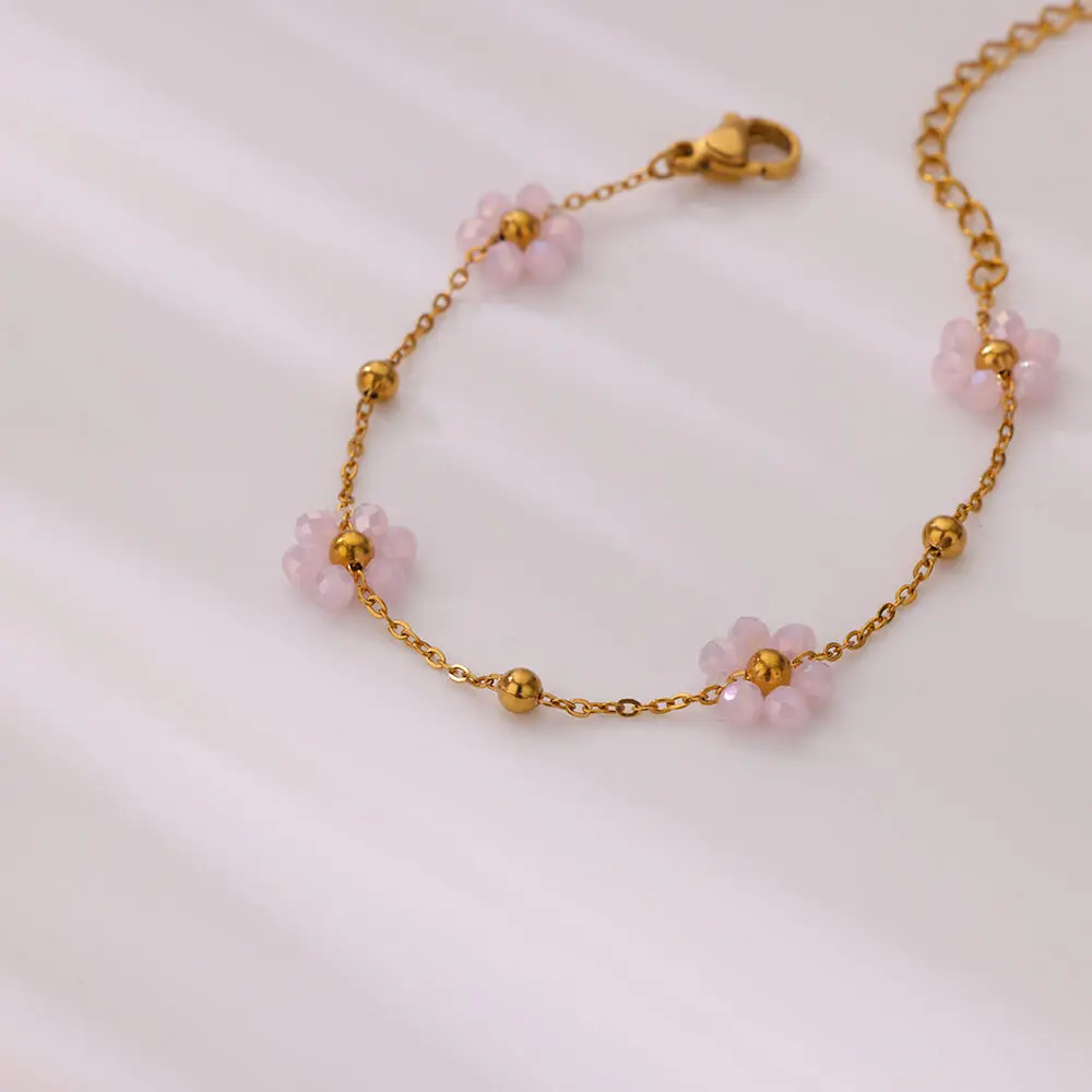 Beads Flower Bracelet for Women Stainless Steel Gold Color Pendant Bracelet Femme Vintage Boho Wrist Jewelry Accesorios pulseras