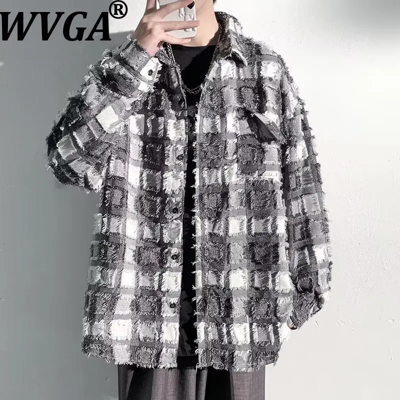 WVGA Spring Autumn New Man Tassel Plaid Trendy Long Sleeve Shirts American Design Niche Chic Casual Turn-Down Collar Tops W21144