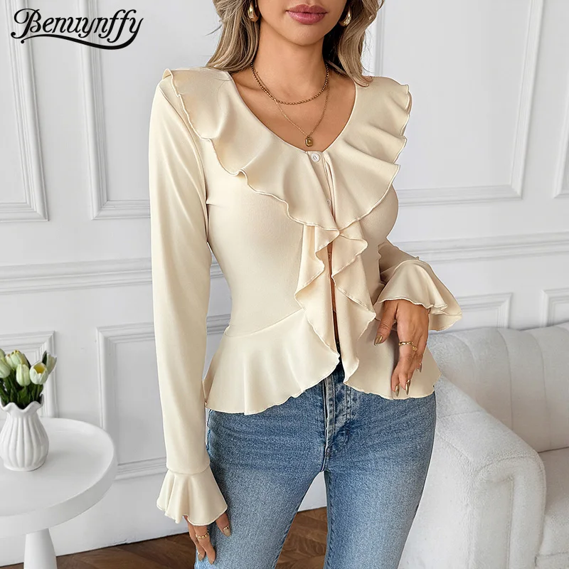 

Benuynffy Solid Color Button Detail Ruffle Trim Top Women's Autumn 2025 V-neck Flared Long Sleeve Sweet Slim Short Blouses