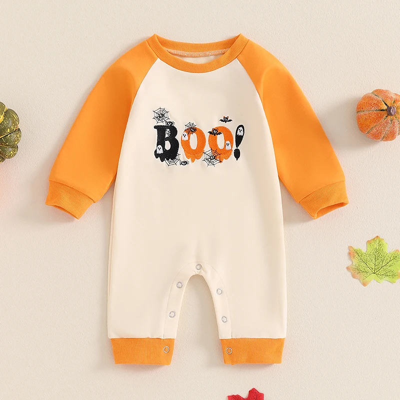 

Halloween Baby Boy Gril Romper Letter Cobweb Ghost Embroidered Long Sleeve Round Neck Fall Jumpsuits