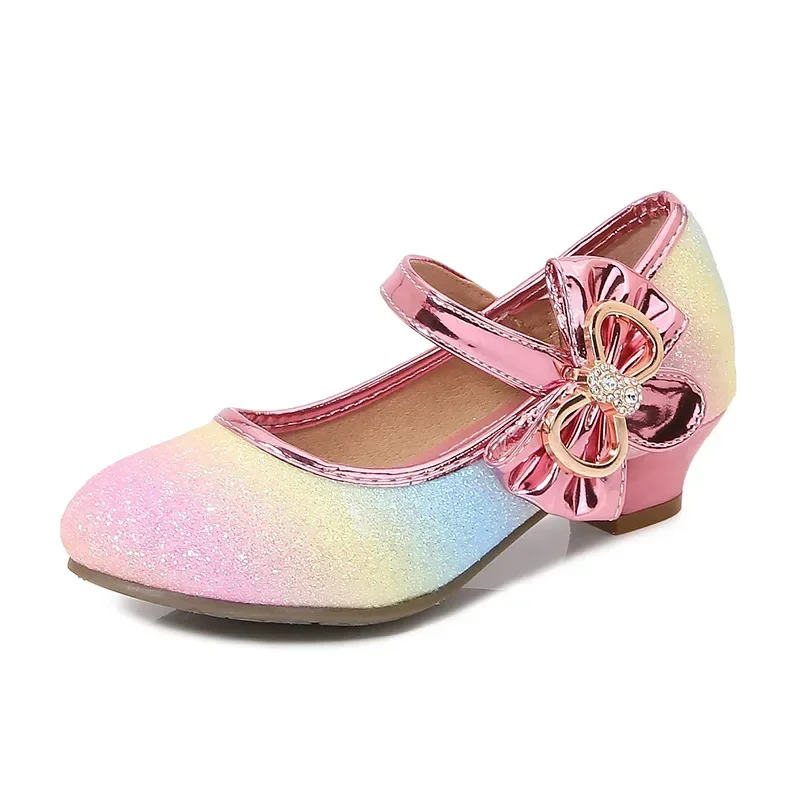 Girl Princess Leather Shoes Children's High Heels Fashion Sequins Bow Tie Student Performance Dance Shoes 3-12 Years Old