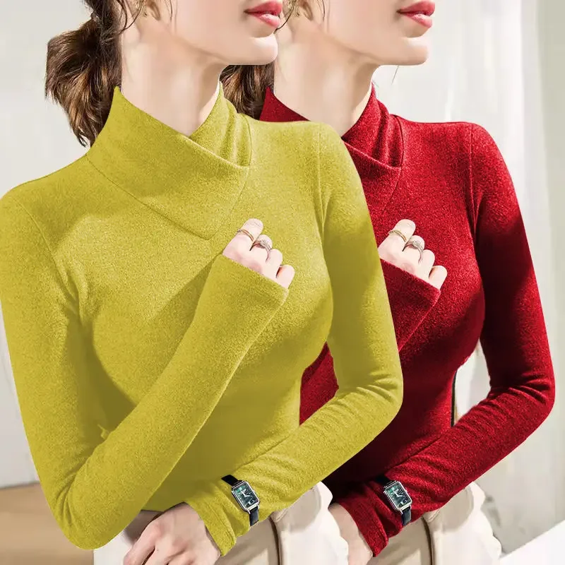 Leece-lined Half High Collar Underlay Top Autumn/Winter Overlay Thick Warm Long Sleeve T-shirt for Women