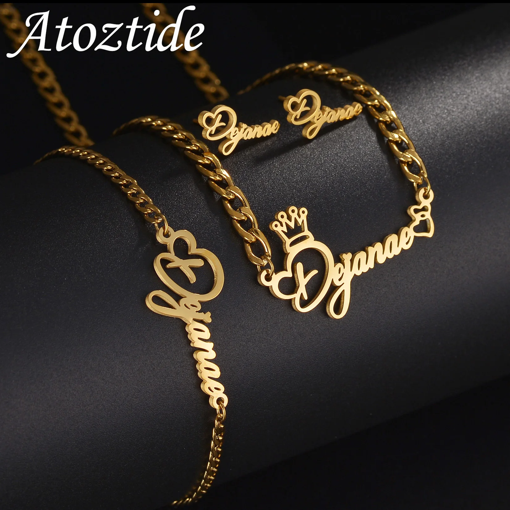 

Atoztide Personalized Custom Name Necklace Bracelet Stud Earring Jewelry Set Stainless Steel For Women NK Chain Birthday Gift