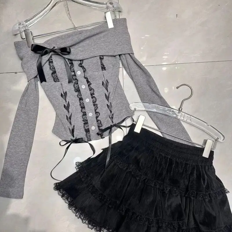 

Slim Fit Y2k Suits Off Shoulder Bow Knitted Pullover Sweater + Lace Ruffle Edge Cake A-line Skirt Two Piece Sets Womens Outifits