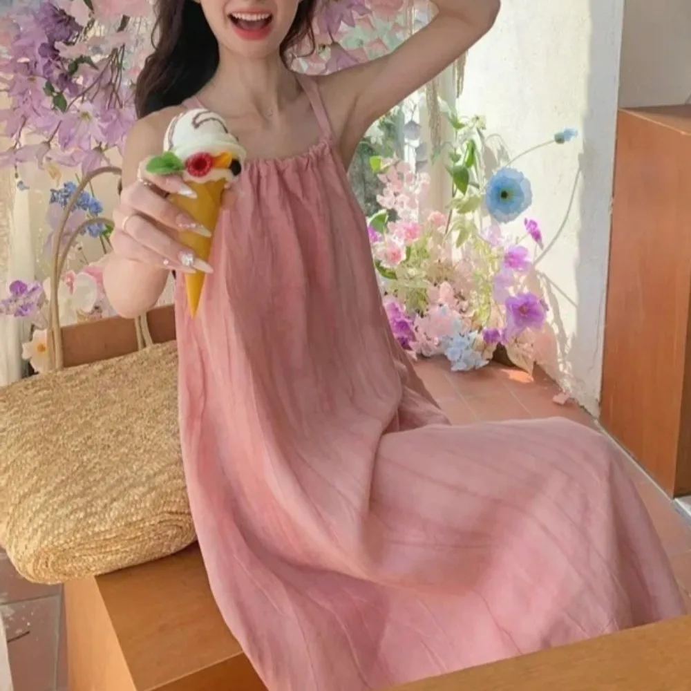 Doce rosa chiffon tanque vestido longo sem mangas verão nova chegada praia férias vestido roupas femininas enrugado bolso design