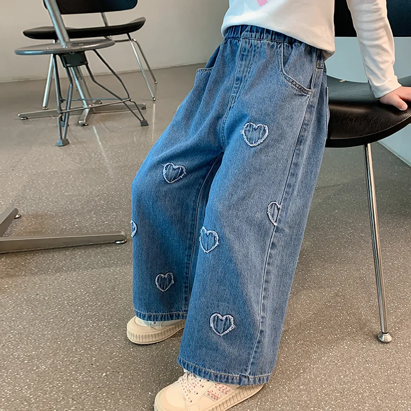Ripped Heart-shape Jeans for Kids Girls New Arrival Elastic Mid Waist Blue Baggy Straight Jeans Denim Student Long Pants JY01082