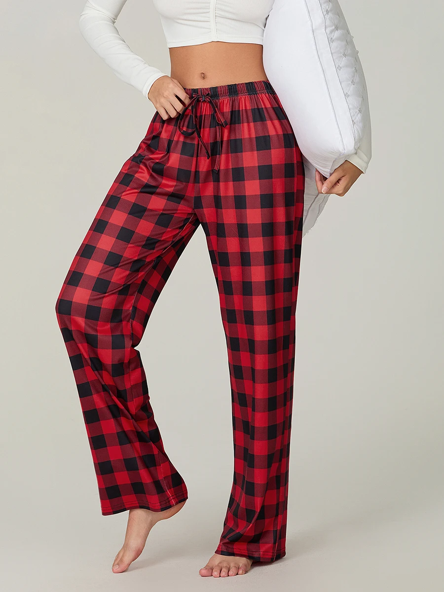 Women Red Plaid Pajama Bottoms with Pockets Drawstring Sleepwear Pants Loose Stretch Home Lounge Sleepwear Nightwear Trousers