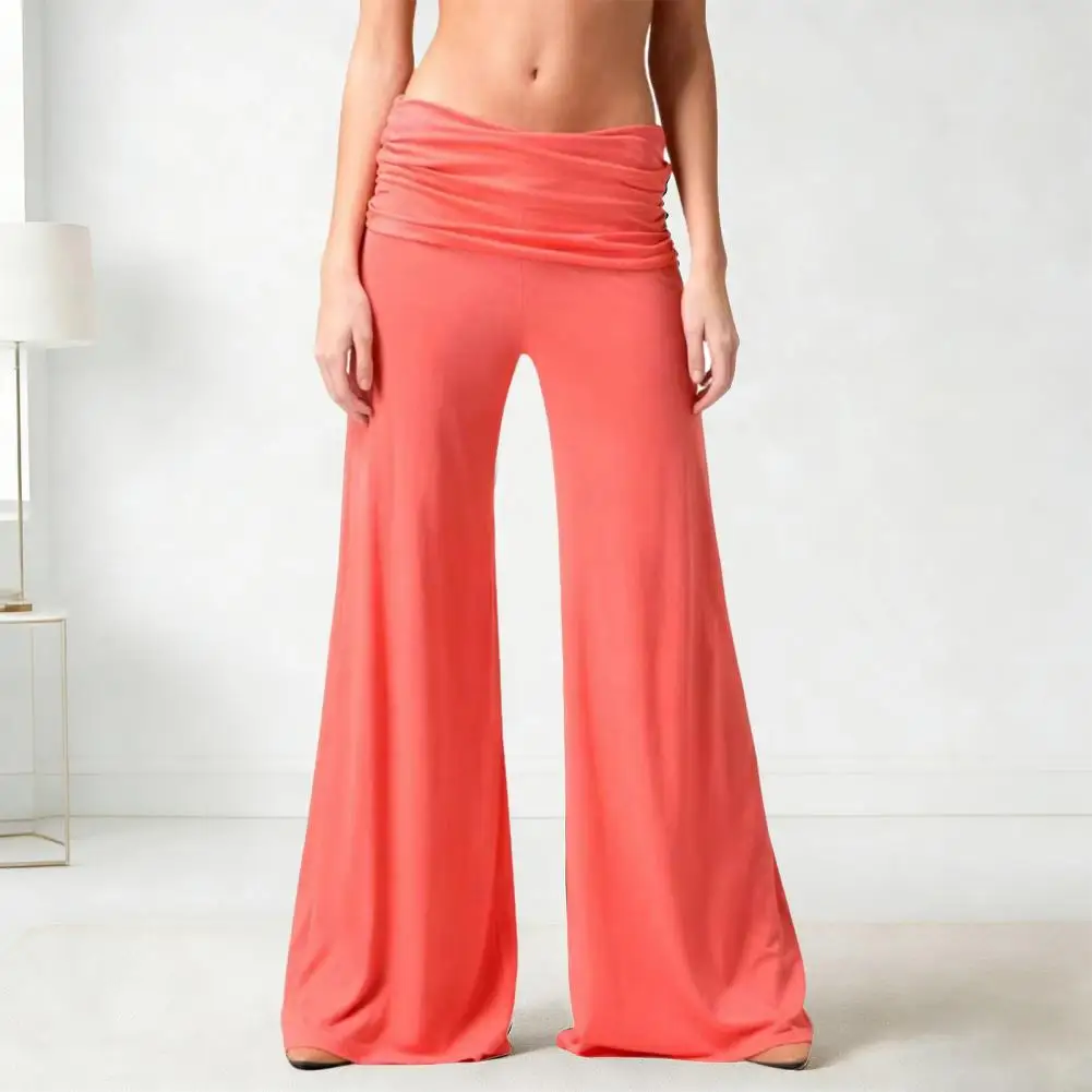Pleated Texture Elastic High Waist Wide Leg Leisure Pants, Yoga Pants Pure Color Loose Fit Long Trousers Versatile Loungewear