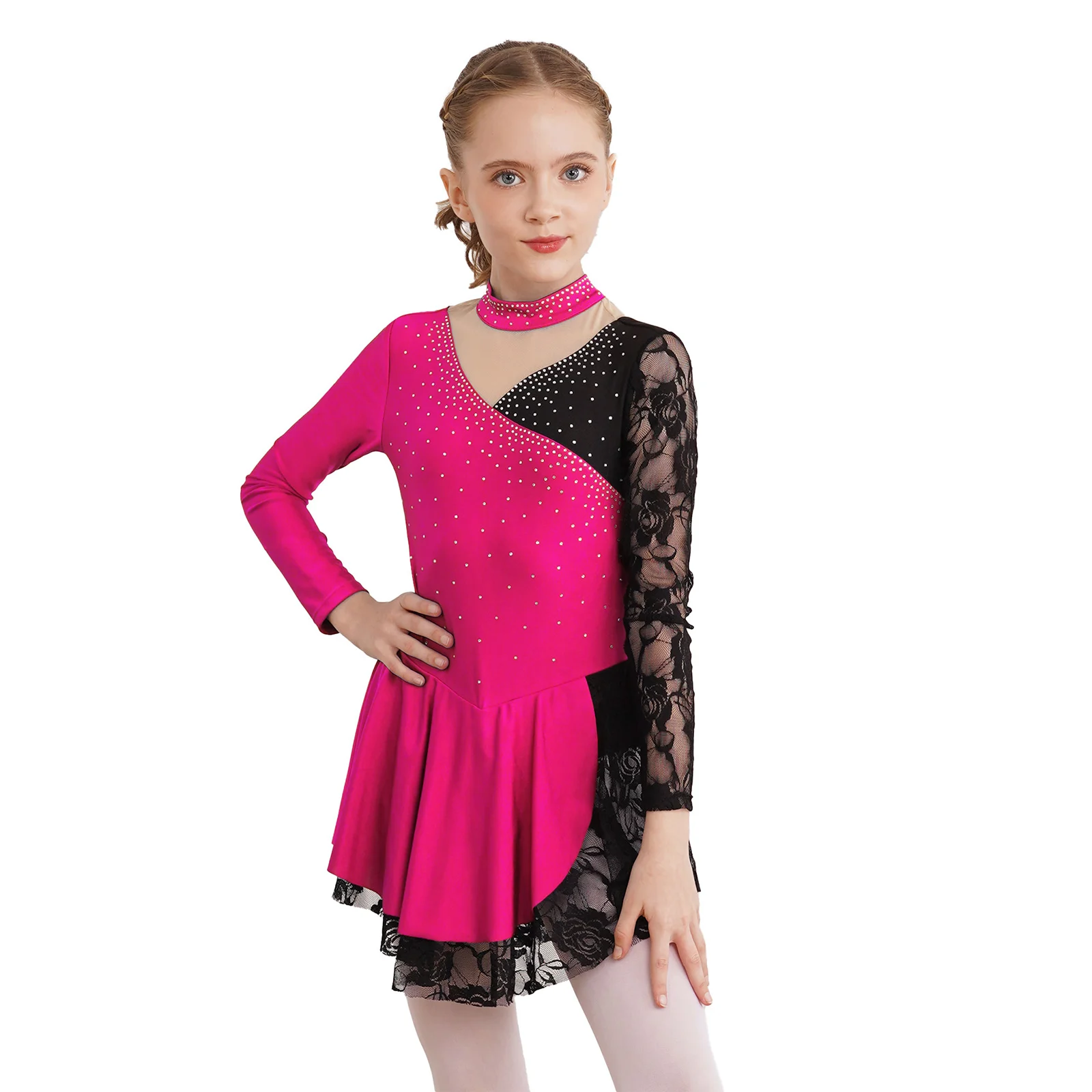 

Kids Girls Ballet Dance Dress Gymnastic Figure Ice Skating Costume Dancewear Long Sleeve Shiny Rhinestones Lace Patchwork Dress