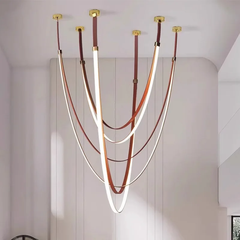 

Modern Long Strip Belt Pendant Lights for Dining Living Room Villa Hall Duplex LOFT Minimalist Led Chandelier Indoor Luminaries