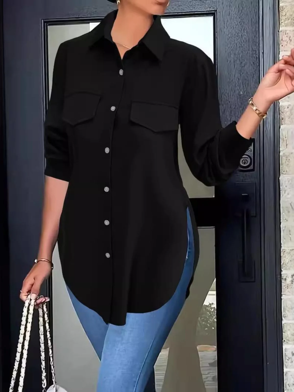 Women's Cleanfit Polyester Cardigan Collar irt Long Sve Sved irt Waist-Cinched Flared Legs  Color Non-Sink