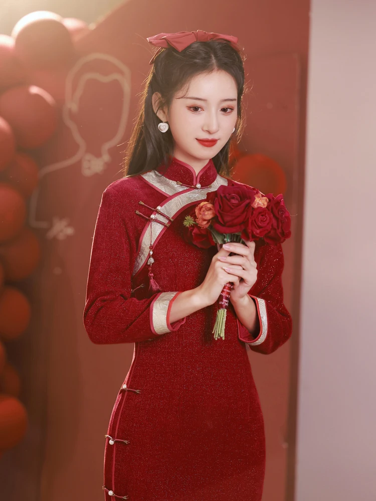 

Young Bride Winter Wedding Wine Red Long Sve Toasting Gown Vintage Sle Chinese Traditional Cus-Made Ceremon...