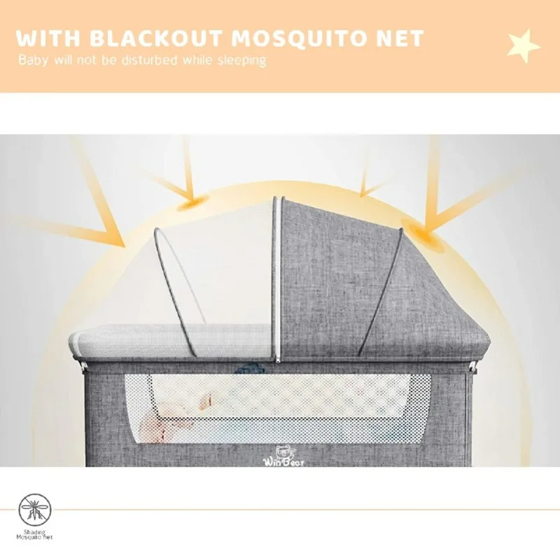 سرير أطفال قابل للتعديل مع مظلة وعجلات سرير أطفال محمول لحديثي الولادة مع أثاث حضانة نوم رمادي للتخزين #4