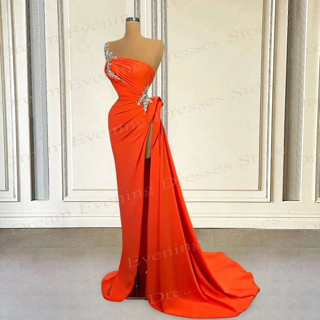 Moderne Oranje Zeemeermin Royale Avondjurken Charmante Mouwloze Geplooide Galajurken Met Sexy High Split Robe De Soiree Femmes