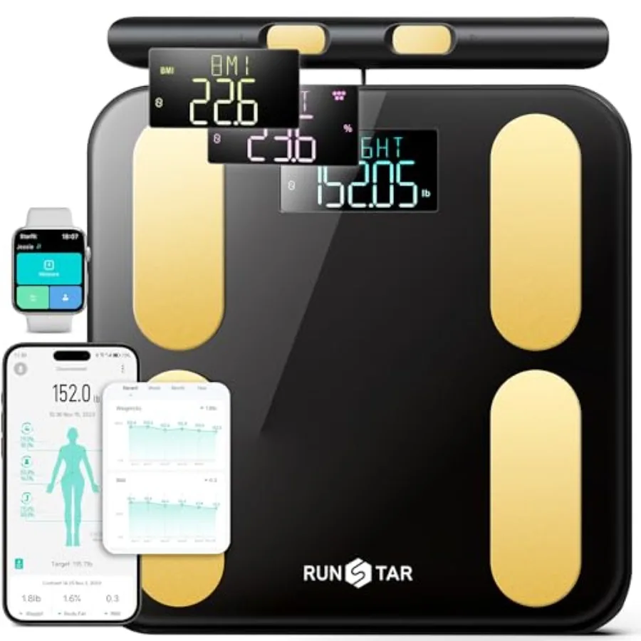 Bathroom scale for body weight and fat measurement, gold stainless steel, voice prompt and Bluetooth connectivity, high accurac
