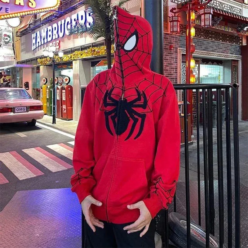 Sky02 หลวมHooded Sweatshirt Y2kผู้ชายSpiderพิมพ์Hoodiesผู้หญิงHip Hopซิปเสื้อแขนยาวเสื้อแจ็คเก็ตฤดูใบไม้ร่วงฤดูหนาวHara88Ji