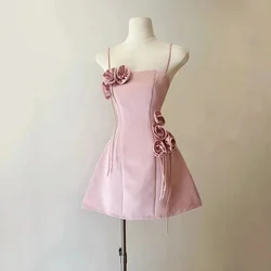 French Summer Pink Sexy Backless Prom Party Mini Dress 2024 New Women's Spaghetti Strap 3D Rose Floral Tassel Slim Short Vestido