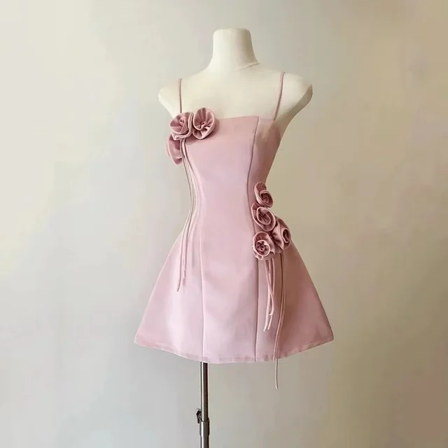 French Summer Pink Sexy Backless Prom Party Mini Dress 2024 New Women's Spaghetti Strap 3D Rose Floral Tassel Slim Short Vestido