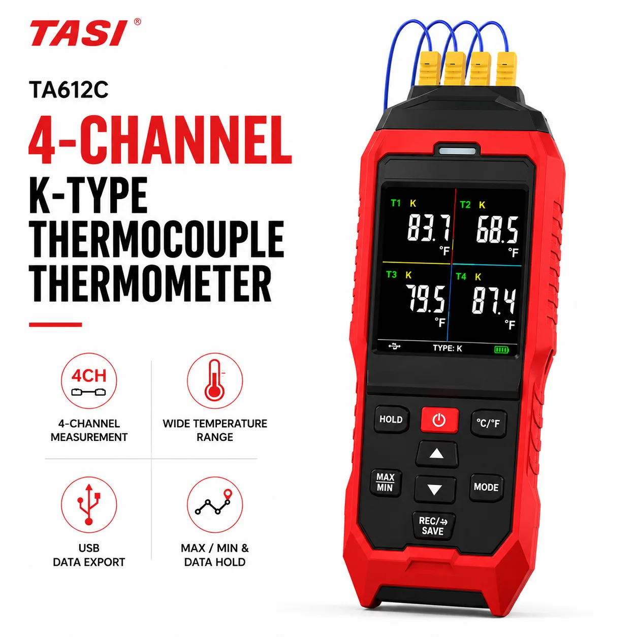 

TASI 4-Channel K-Type Thermocouple Thermometer, -328 to 2502°F HVAC Thermometer with Color Dual Display, USB Data Export