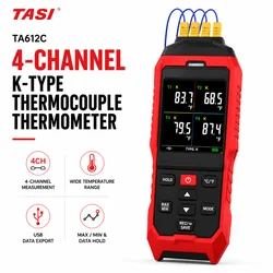 TASI 4-Channel K-Type Thermocouple Thermometer, -328 to 2502°F HVAC Thermometer with Color Dual Display, USB Data Export