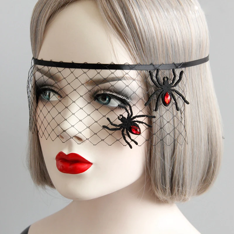 Maschera viso in pizzo rosa gotico Cosplay Halloween 1920s Gatsby Party Spider Princess Masque fascia in rete nera