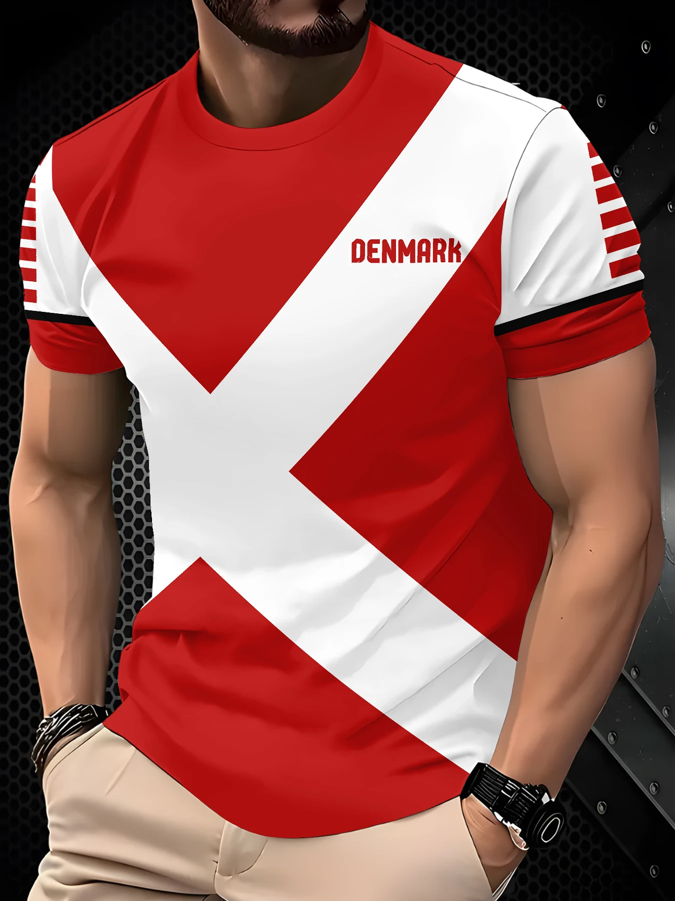 Men Daily Vacation Short Sleeve Tee, Sport Graphic T-Shirt with Red White Diagonal Large Block Cuff Strip Letter Pattern