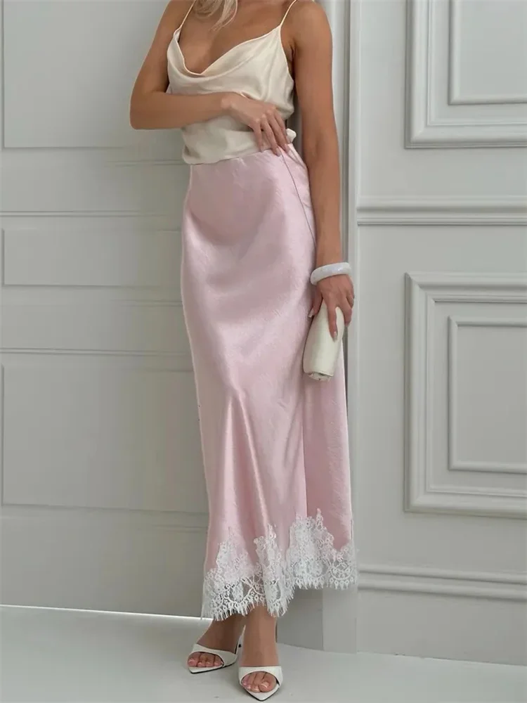 

Весенняя кружевная лоскутная длинная юбка, женская элегантная тонкая повседневная атласная юбка макси с высокой талией и принтом, женская одежда