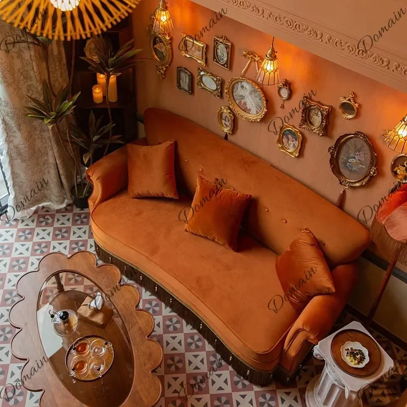 N80 Nanyang retro style orange orange velvet fabric sofa style three-person fringed photography photo straight row