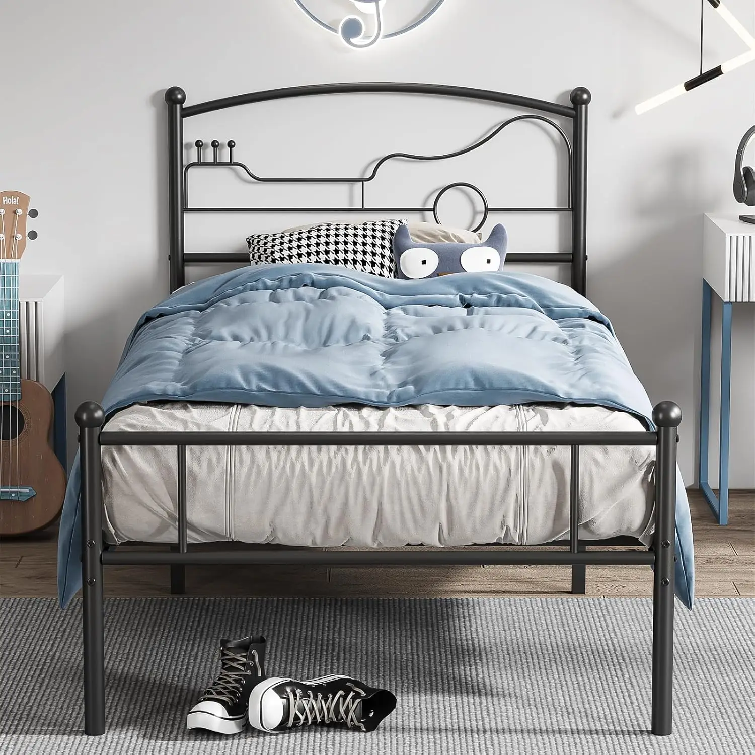 

Twin Bed Frames for Kids with Guitar-Shaped Headboard, Modern Twin Size Bed Frames for Boys Girls, No Box-Spring Needed