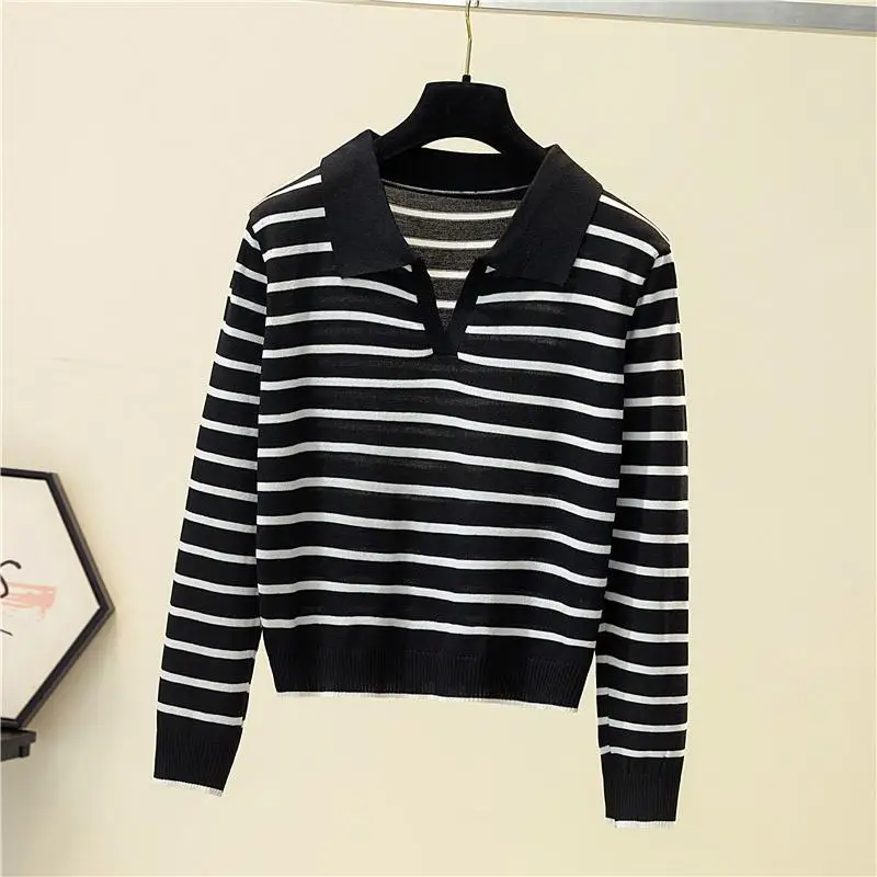 Women Clothing Chic Turn-down Collar Striped Knit Pullovers Autumn Elegant Casual Thin Long Sleeve T-shirt Office Lady Sweet Top