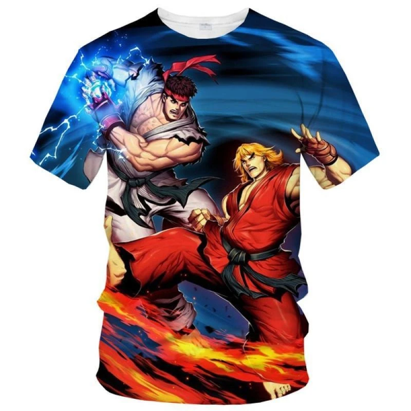 Summer Hot Sale Street Fighter Kids Fashion Slim Cartoon All Over Print O-Neck Short Sleeve Tees 2-13 Years Boys Girls Tops