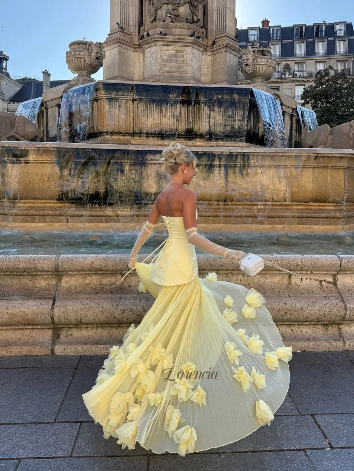 Lorencia Yellow Pleated Chiffon Evening Dresses Strapless Handmade 3D Flowers Dropped Formal Party Gowns Customized Prom Dresses