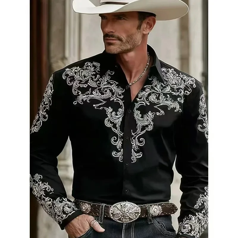 2026 New Men's Retro 3D Printed Western Cowboy Shirt Long-sleeved Casual Urban Fashion Classic Men's Top
