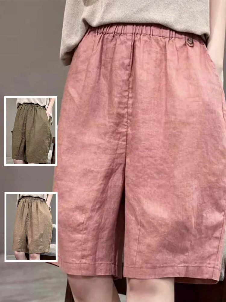 

Artistic Simple Pure Color Cotton Linen Wide Leg Five-Point Pants Large Size Women's Elastic Waist Versatile Linen Casual Str...
