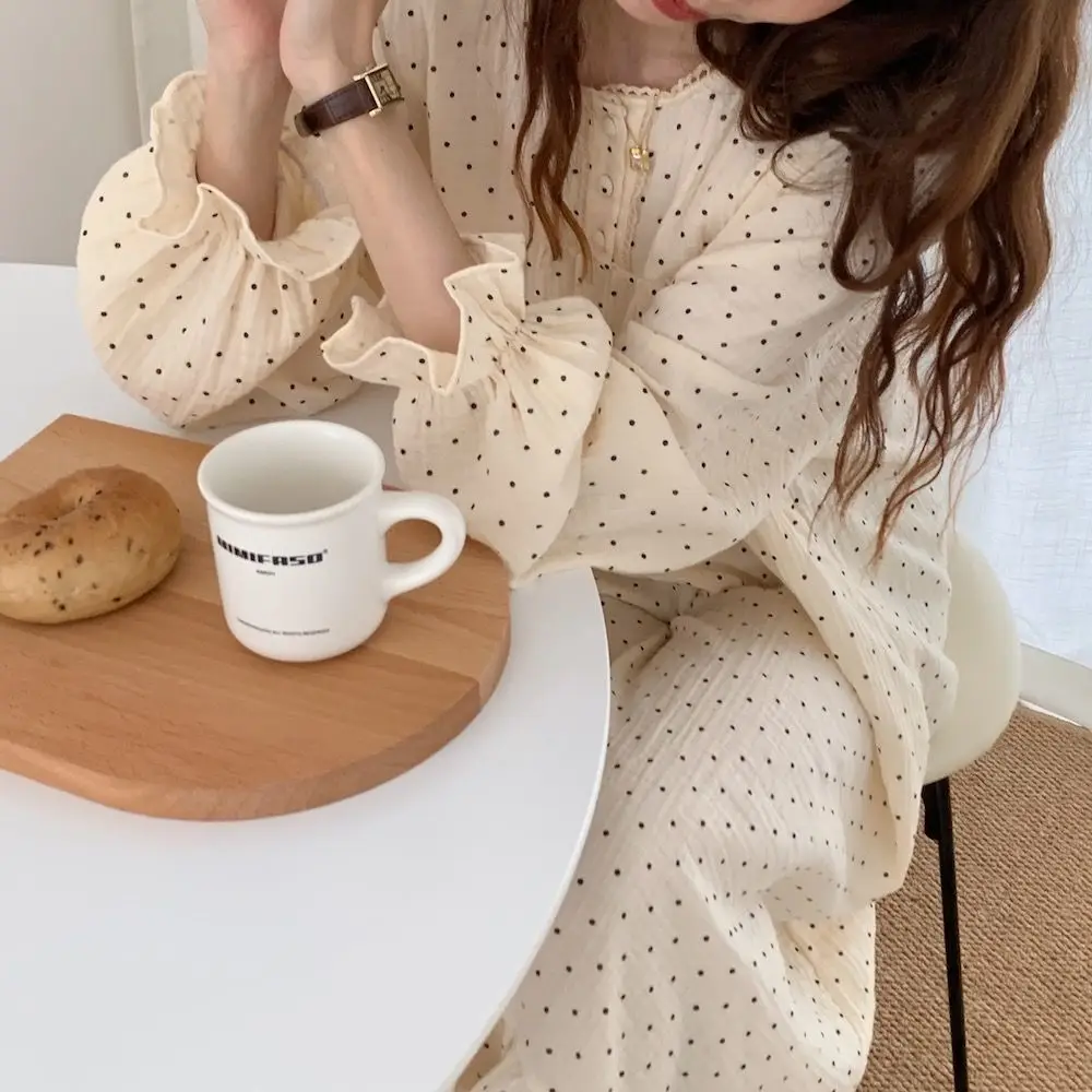 Women Sweet Lace Cotton Long Sleeve Nightgowns Female Spring Autumn Loose Korean Style Home Girls Cute Top Pants Loungewear