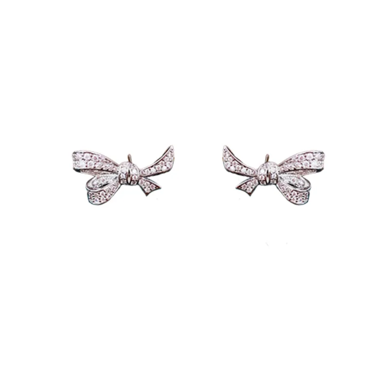 Silver Needle Light Luxury Zircon Bow Knot Small and Exquisite Elegant and High Grade Earrings for Women Jewelry.