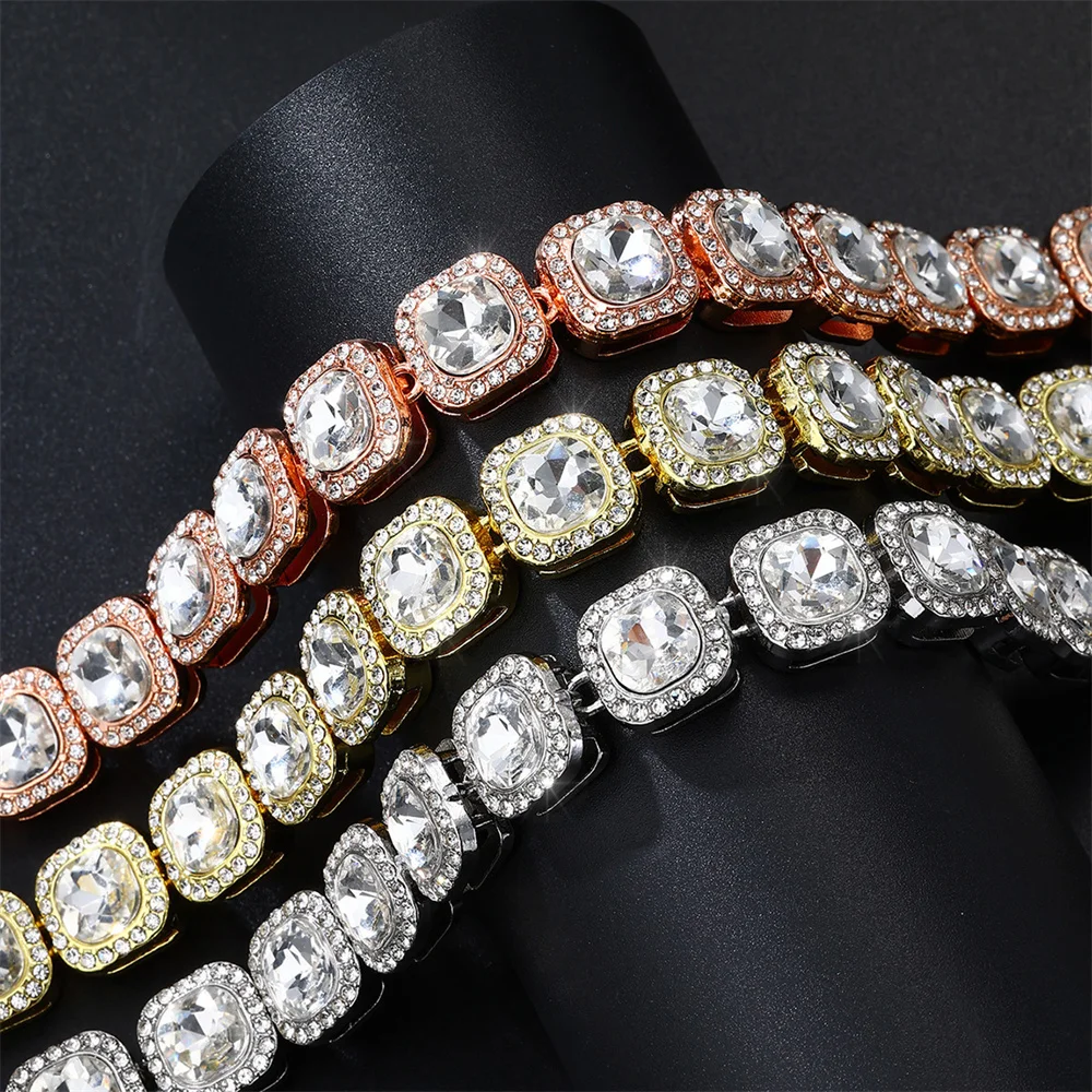 Hip Hop 12MM Micro Pave Prong Cubic Zircon 1Row Alloy Tennis Chain Bracelet Necklace Bling Mens For Men Women Jewelry