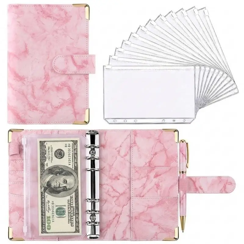A6 Money Saving Organizer PU Leather Budget Binder Marble Notebook Budgets 12 Pages Planner Envelope Office School Supplies