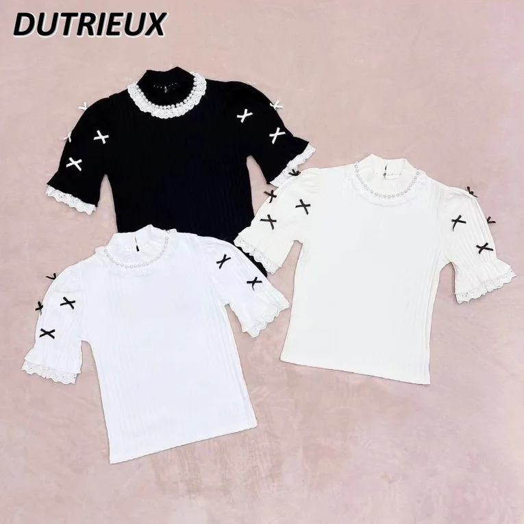 

Lady Bottoming Shirt Solid Color Sweet Cute Japanese Style Women's Tops Summer Half High Collar Puff Short Sleeve T-shirt Lace