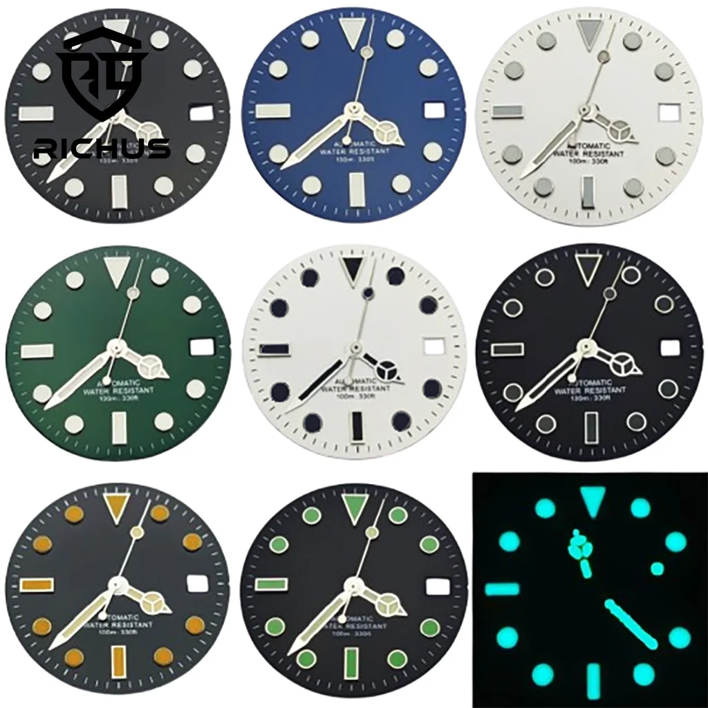 

Циферблат часов RICHUS NH35 Циферблат часов 28,5 мм со стрелками Синий Зеленый Светящийся Механизм NH34 NH35 NH36 ETA2824 2836 Miyota8215-DG