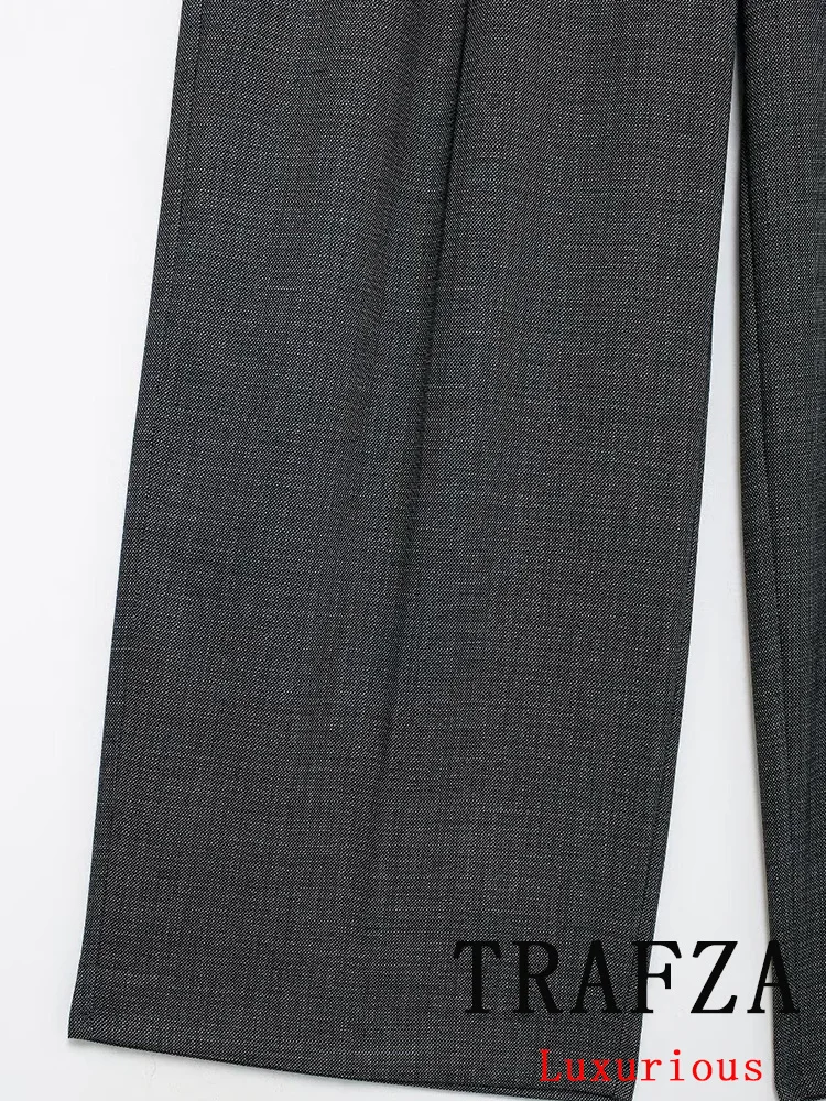 TRAFZA-Blazer Croisé Vintage Chic pour Femme, Pantalon Droit, Couleur Unie, Gris Trempé, Mode Automne-Hiver 2024