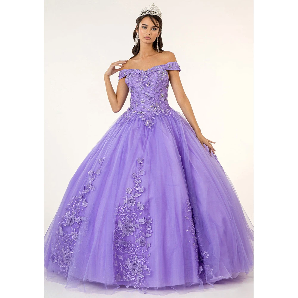 Lilac luksusowe sukienka na Quinceanera suknia Off the Shoulder 2023 suknie na Quinceanera kryształ aplikacja z koronki słodkie 15, 16 suknie długie