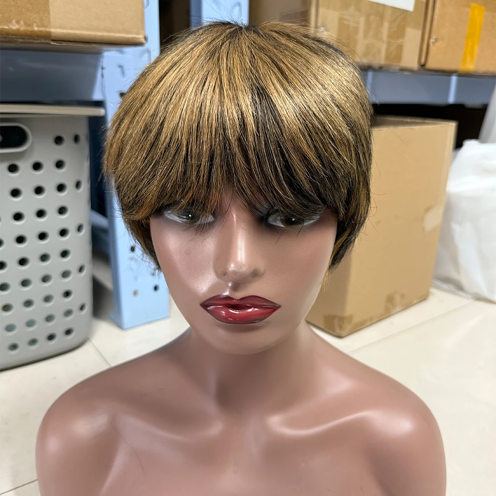 P1B/27# Short Pixie Cut Wigs Human Dark to Honey Blonde Full Machine Made Wigs Straight Brazilian Virgin Remy Hair Wig For Women
