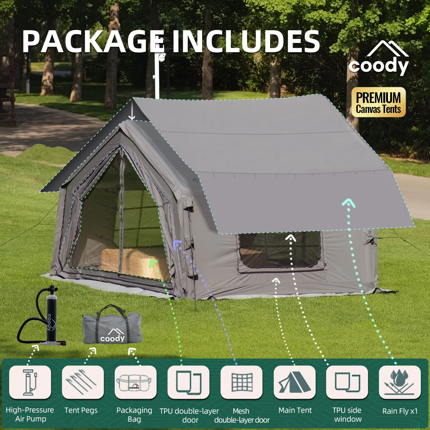

10.0 Air Tent-Gray Camping Canopy Tent Outdoor Luxury Large Tents Camping Family Cotton Fabric Camping Inflatable Tent
